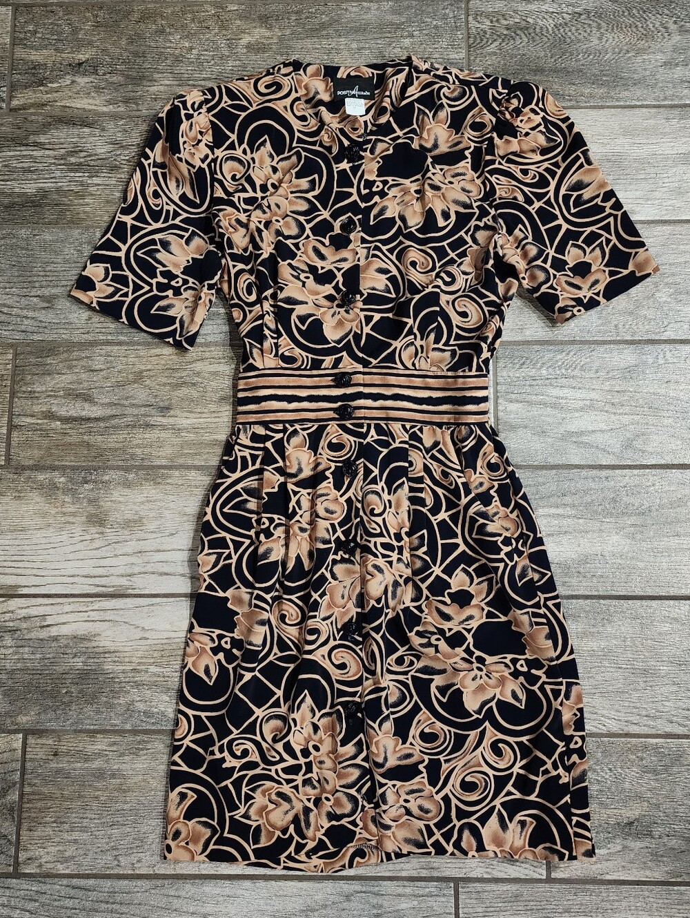 90s Positive Attitude black and beige floral print button front dress, size 12